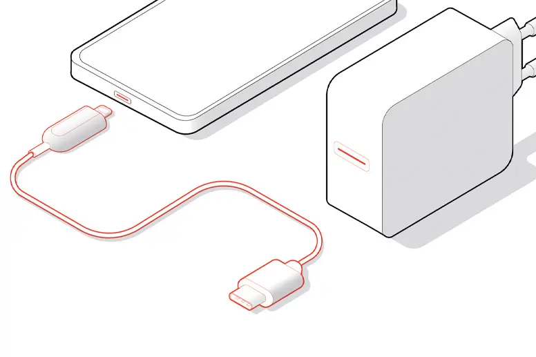 iPhone cu USB C to Lightning cable și un Power Delivery charger cu cablu USB tip C.