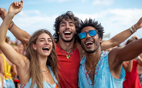 Trei prieteni aflați la un festival ridică brațele în aer și sărbătoresc muzica.